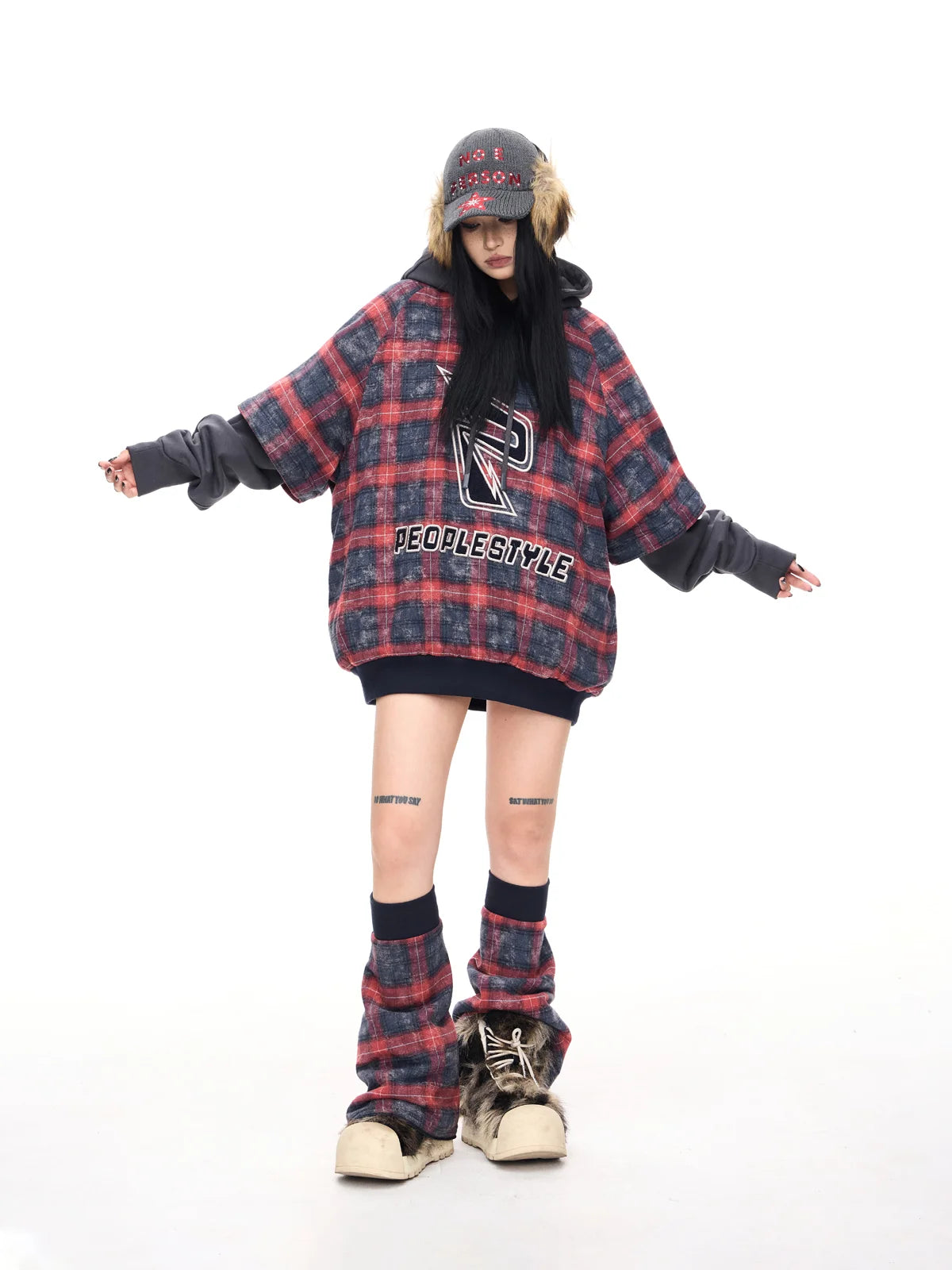 Peoplesense Detachable Checked Oversized Sweatshirt