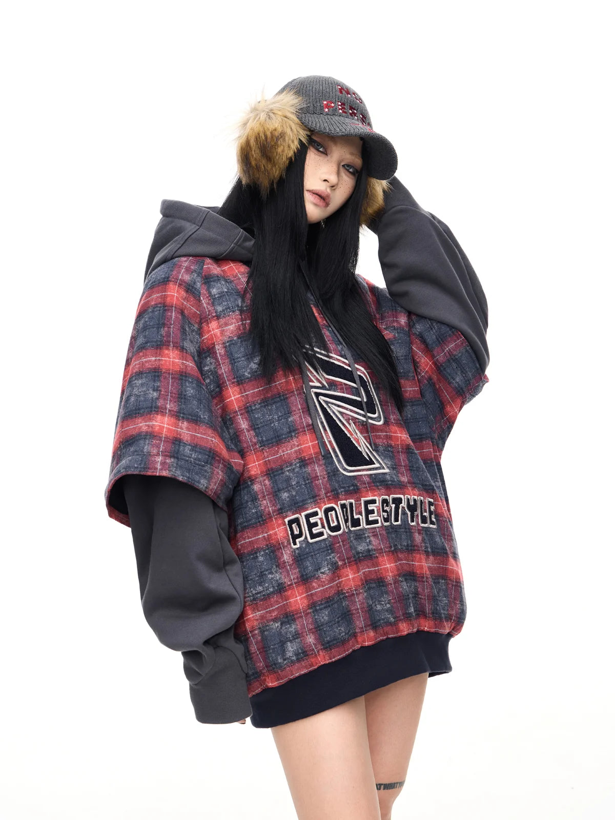 Peoplesense Detachable Checked Oversized Sweatshirt