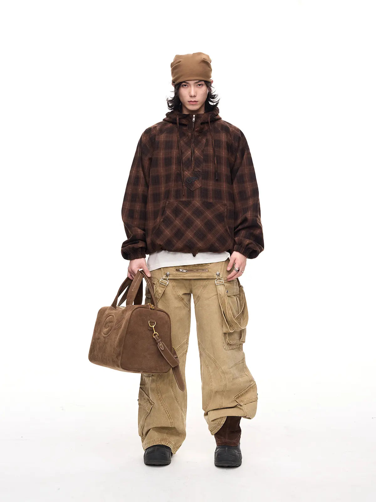 Peoplesense Checked  Drawstring Hoodie Jacket Brown