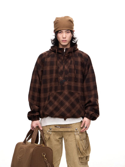 Peoplesense Checked  Drawstring Hoodie Jacket Brown