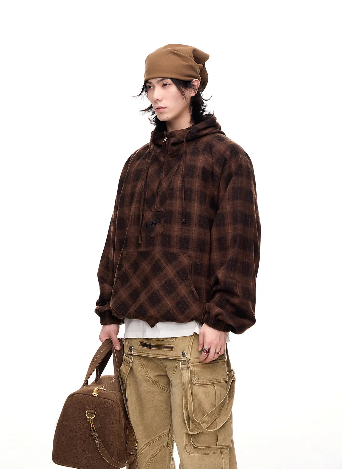 Peoplesense Checked  Drawstring Hoodie Jacket Brown