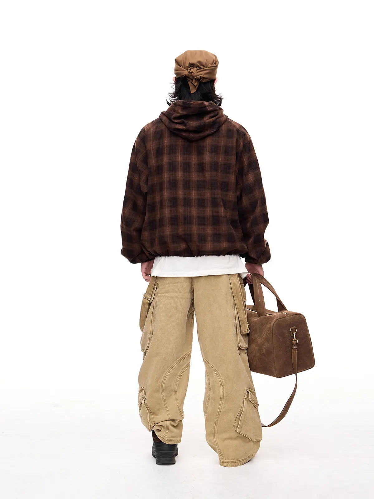 Peoplesense Checked  Drawstring Hoodie Jacket Brown