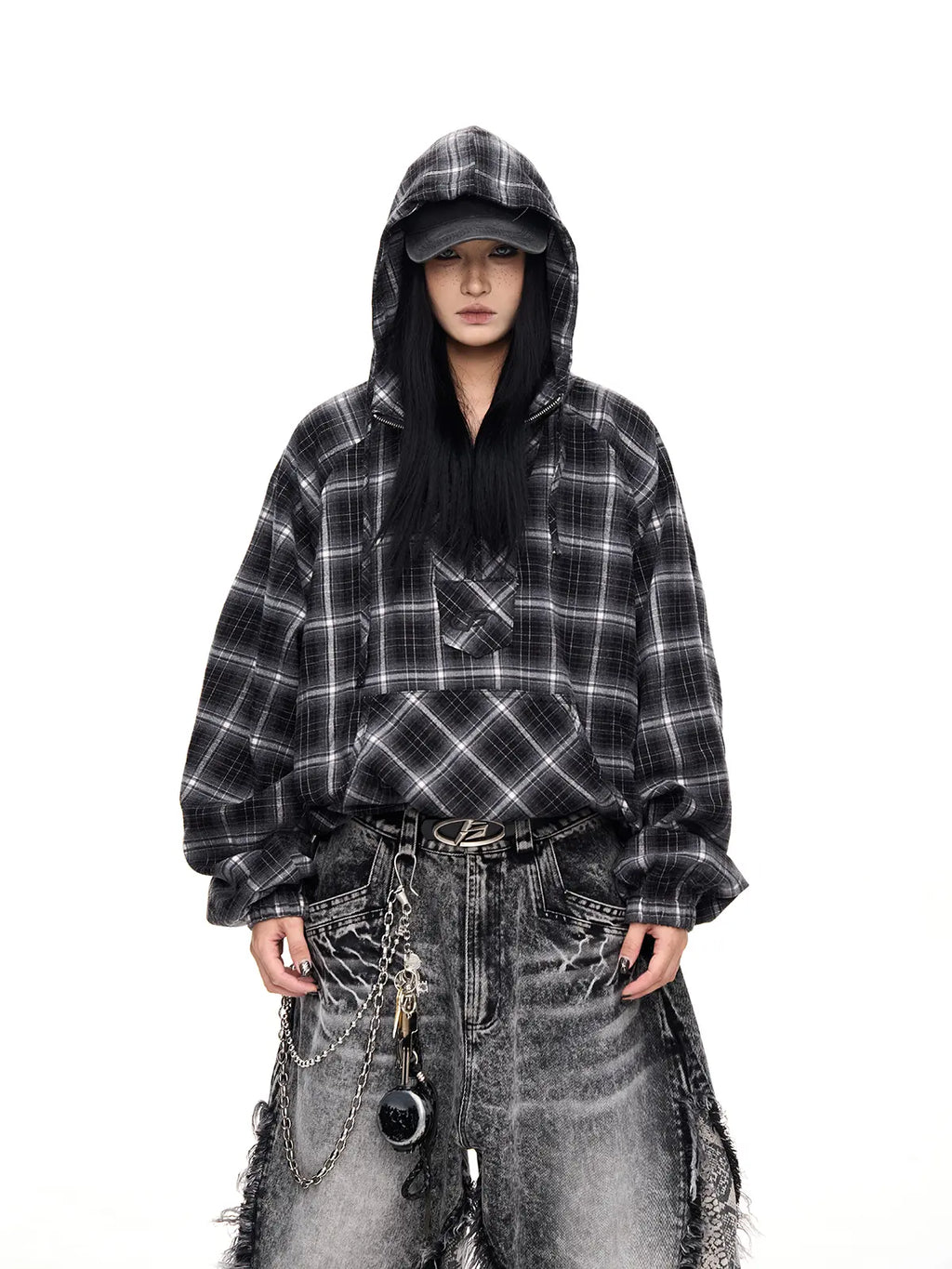 Peoplesense Checked  Drawstring Hoodie Jacket