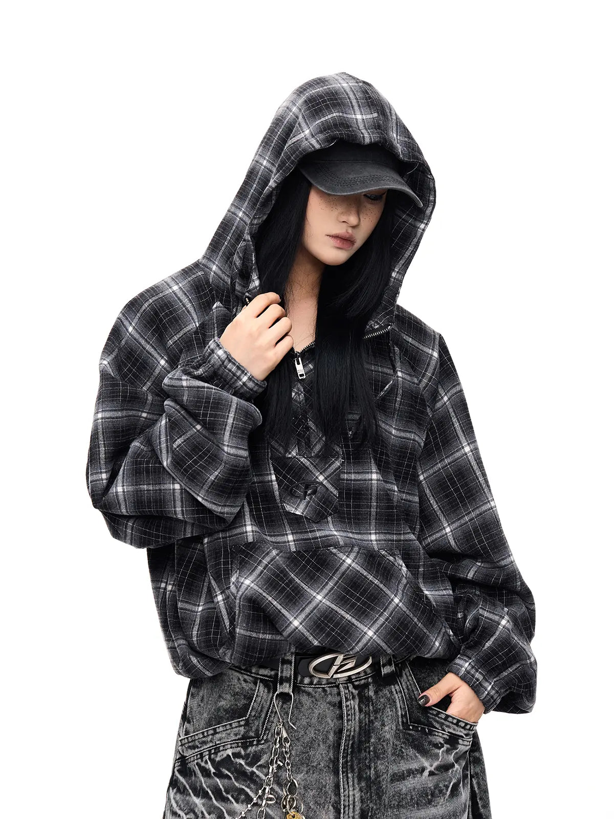 Peoplesense Checked  Drawstring Hoodie Jacket