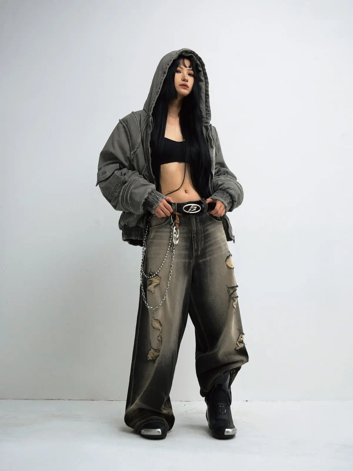 Peoplesense Black Mud Ripped Baggy Jeans