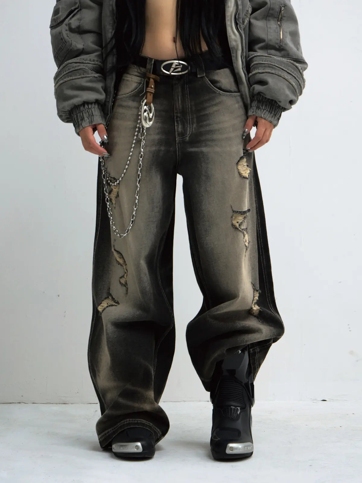 Peoplesense Black Mud Ripped Baggy Jeans