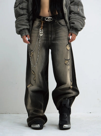 Peoplesense Black Mud Ripped Baggy Jeans