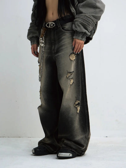 Peoplesense Black Mud Ripped Baggy Jeans