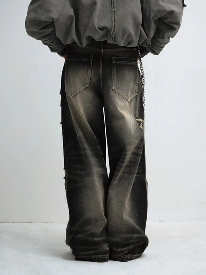 Peoplesense Black Mud Ripped Baggy Jeans