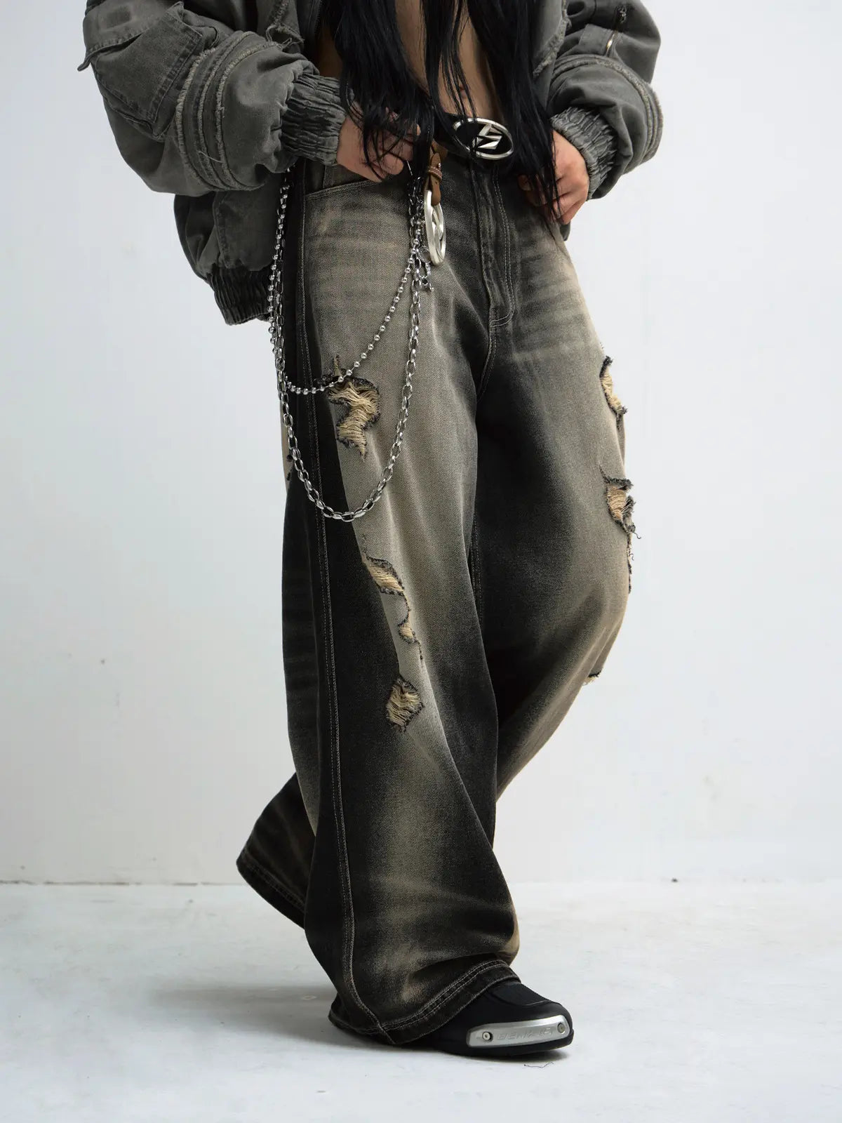 Peoplesense Black Mud Ripped Baggy Jeans