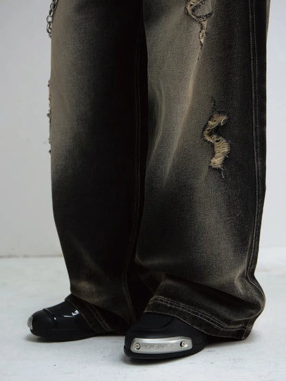 Peoplesense Black Mud Ripped Baggy Jeans