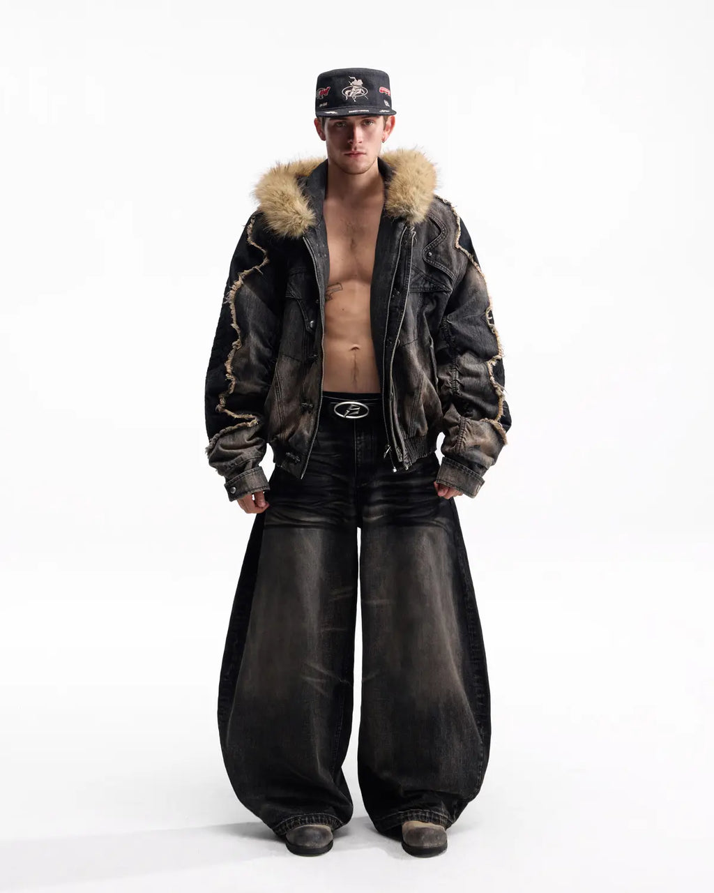 Peoplesense Fur-Trim Hood Racing Denim Jacket
