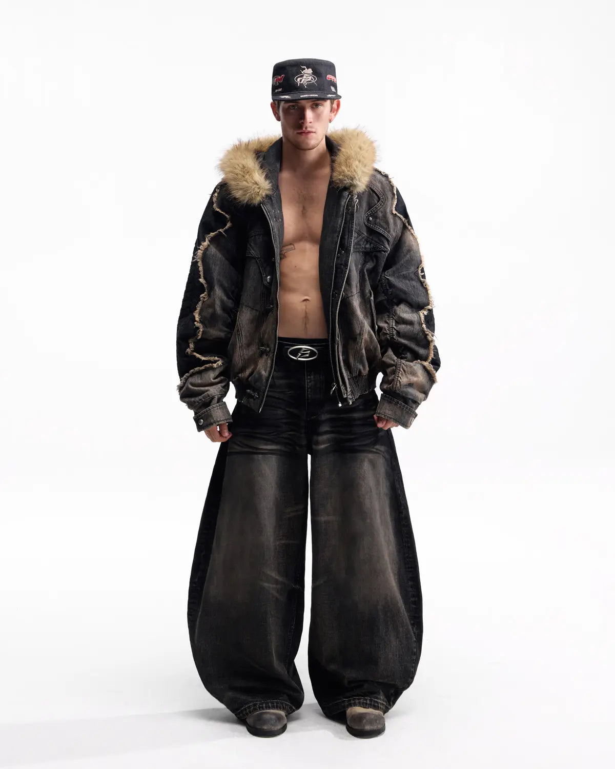 Peoplesense Fur-Trim Hood Racing Denim Jacket
