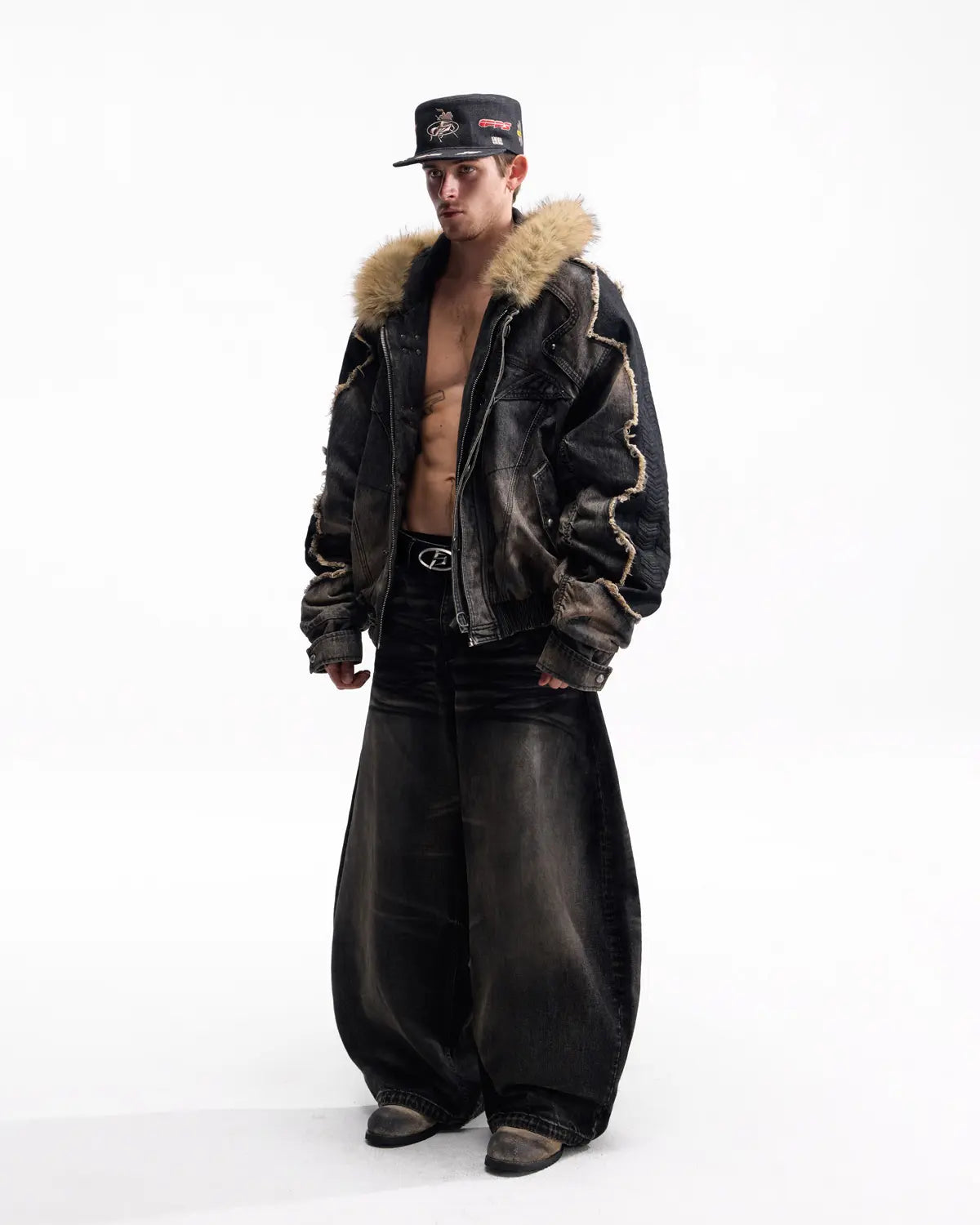 Peoplesense Fur-Trim Hood Racing Denim Jacket