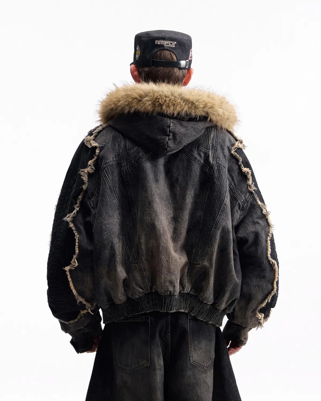 Peoplesense Fur-Trim Hood Racing Denim Jacket