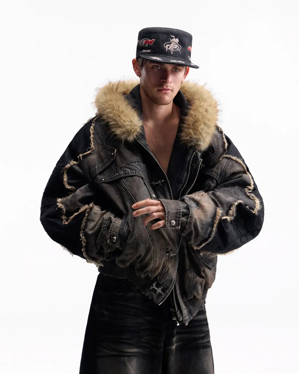 Peoplesense Fur-Trim Hood Racing Denim Jacket