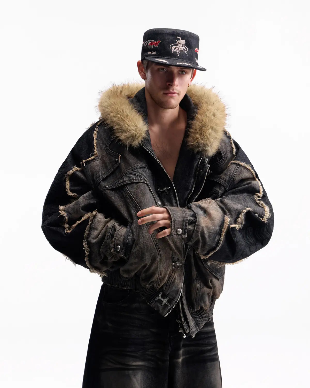 Peoplesense Fur-Trim Hood Racing Denim Jacket