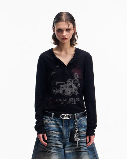 Peoplesense Embroidered Henley Sleeve T-Shirt