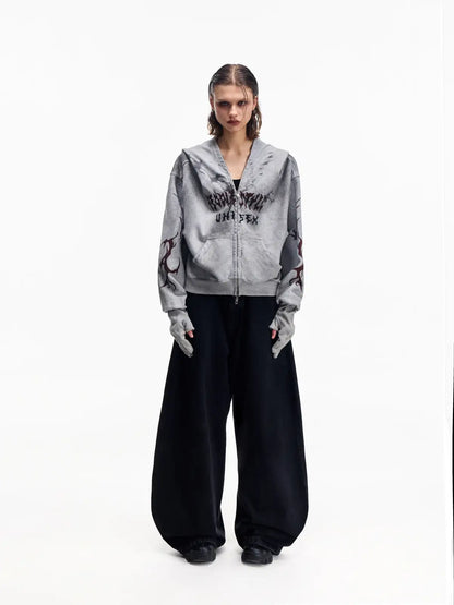 Peoplesense Ripped Full Zip Face Mask Hoodie Grey