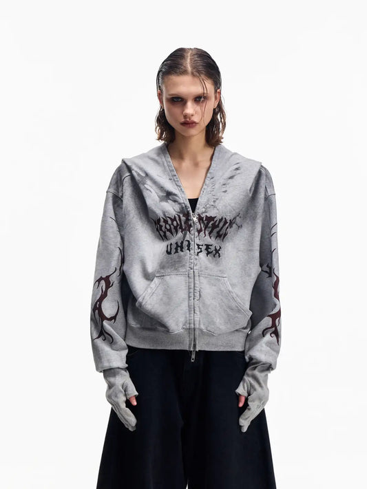 Peoplesense Ripped Full Zip Face Mask Hoodie Grey