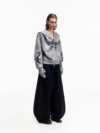 Peoplesense Ripped Full Zip Face Mask Hoodie Grey