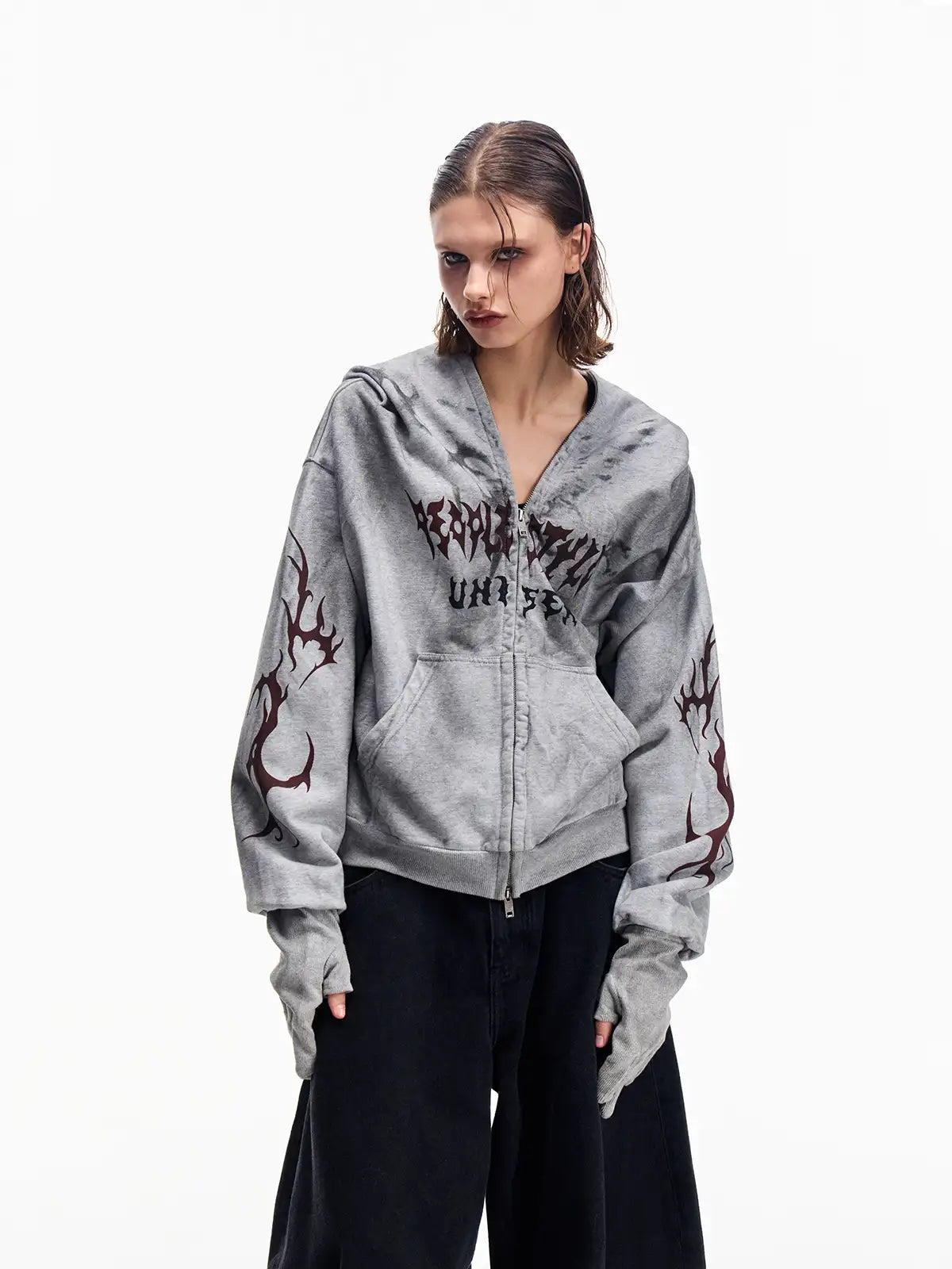 Peoplesense Ripped Full Zip Face Mask Hoodie Grey