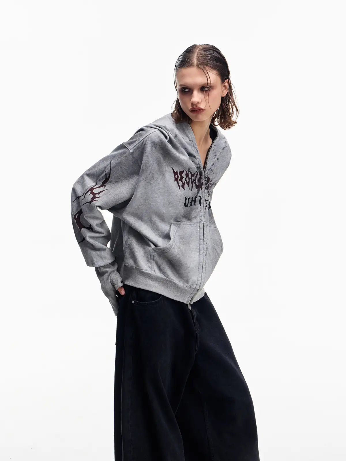 Peoplesense Ripped Full Zip Face Mask Hoodie Grey