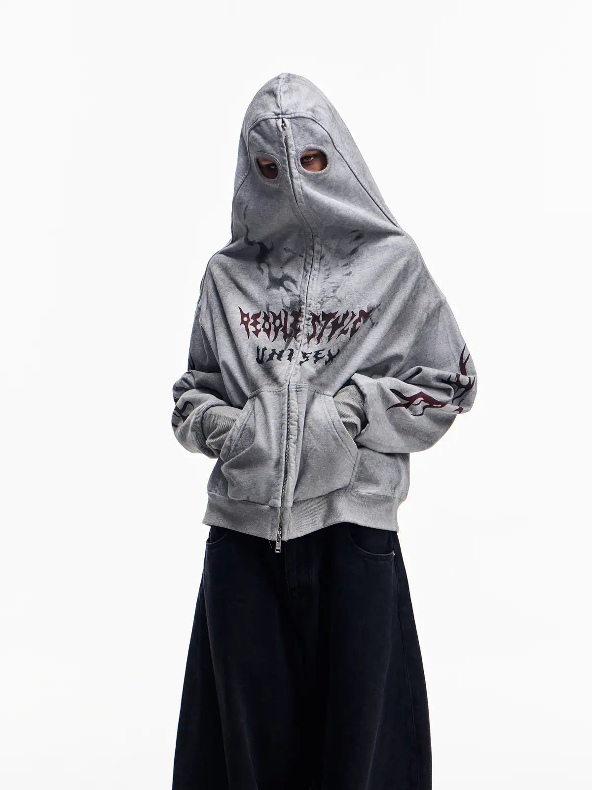 Peoplesense Ripped Full Zip Face Mask Hoodie Grey