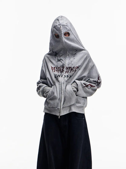 Peoplesense Ripped Full Zip Face Mask Hoodie Grey