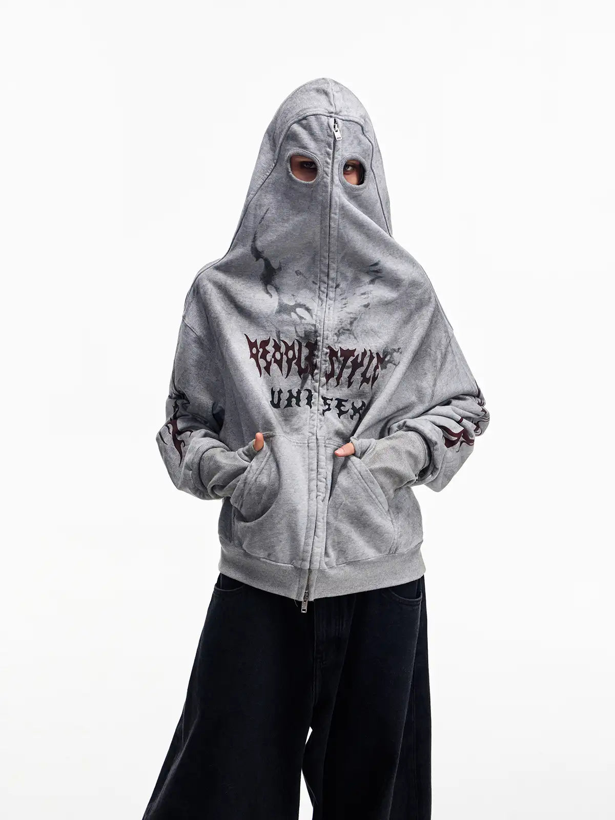 Peoplesense Ripped Full Zip Face Mask Hoodie Grey