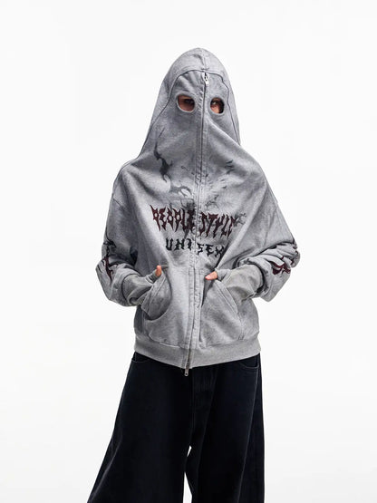 Peoplesense Ripped Full Zip Face Mask Hoodie Grey