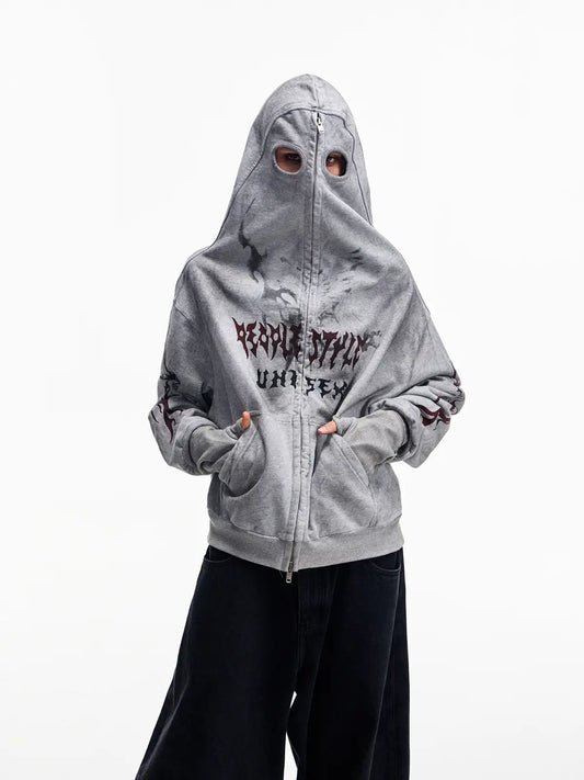 Peoplesense Ripped Full Zip Face Mask Hoodie Grey