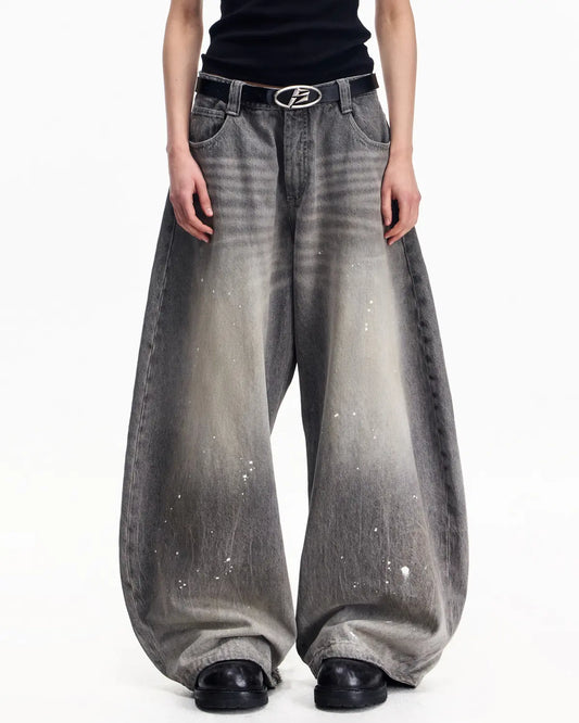 Peoplesense Vintage Ink-Splatter Grey Wide-Leg Jeans
