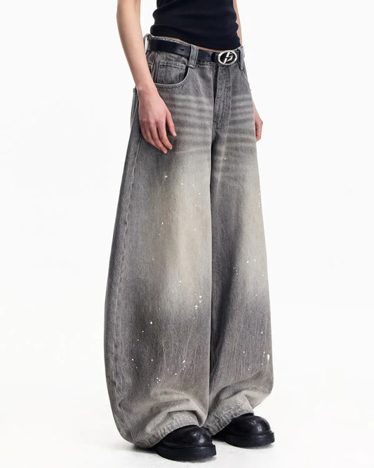 Peoplesense Vintage Ink-Splatter Grey Wide-Leg Jeans