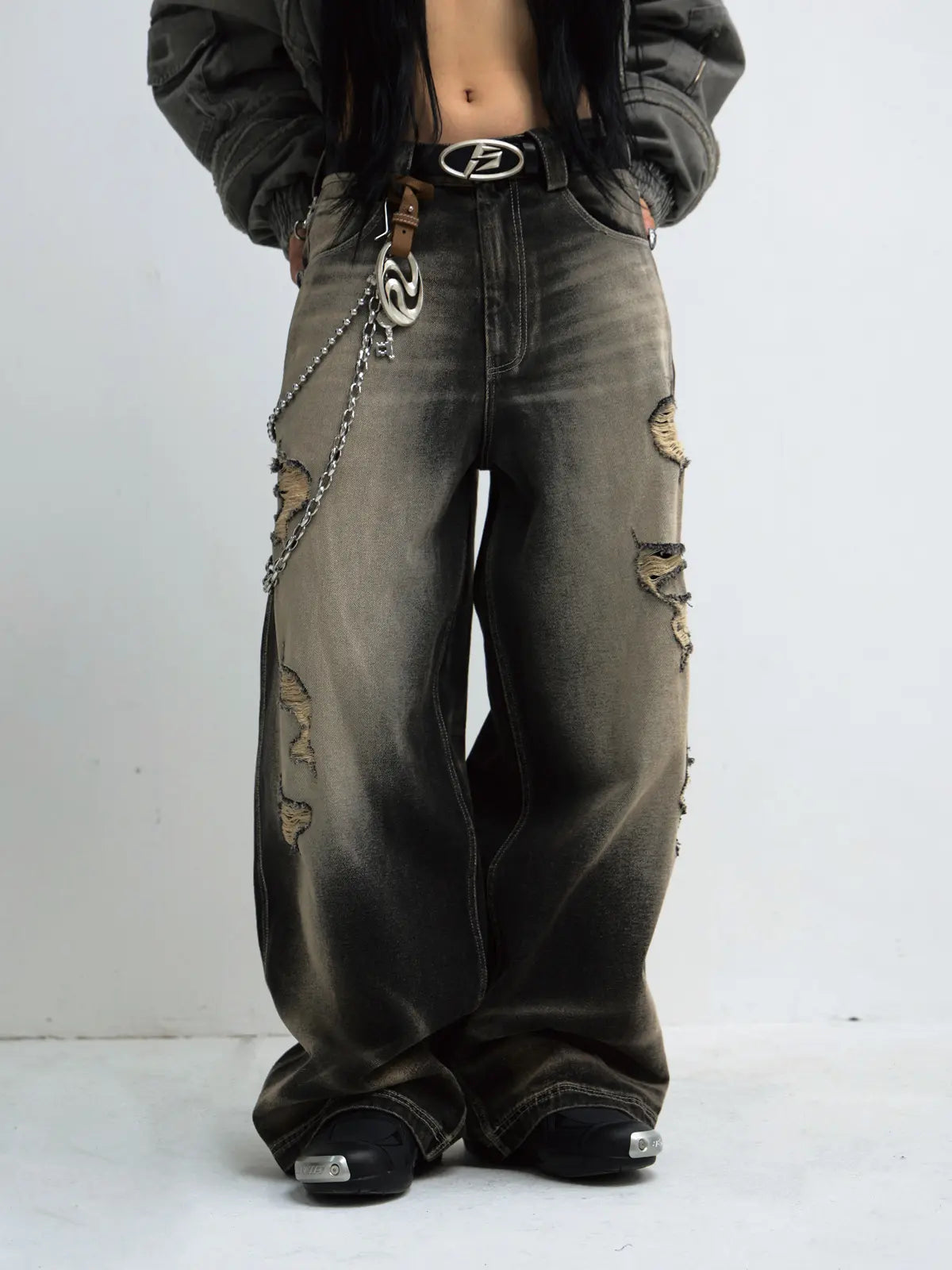 Peoplesense Black Mud Ripped Baggy Jeans