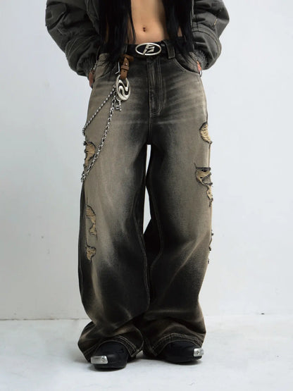 Peoplesense Black Mud Ripped Baggy Jeans