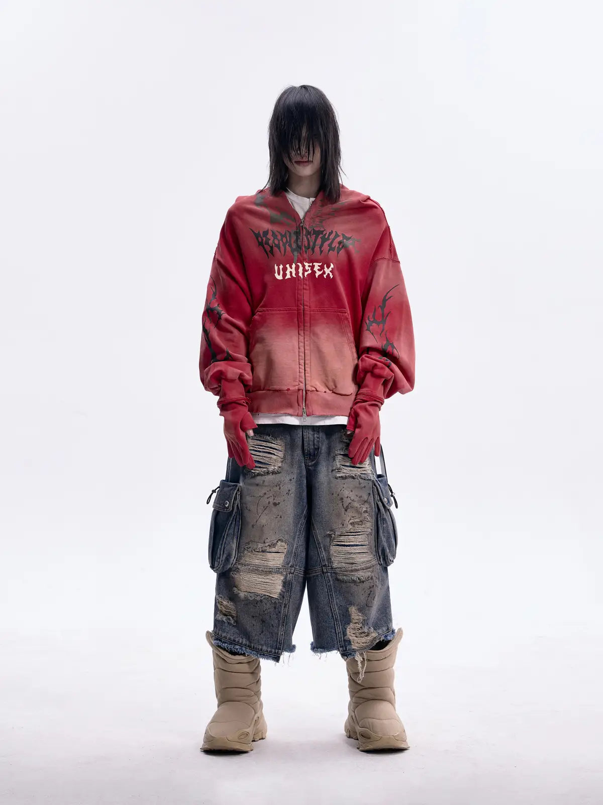 Peoplesense Ripped Full Zip Face Mask Hoodie（Black and Red）