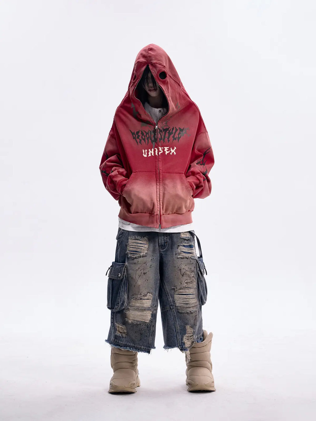 Peoplesense Ripped Full Zip Face Mask Hoodie（Black and Red）