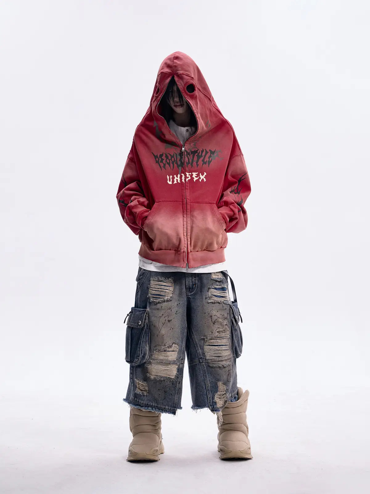 Peoplesense Ripped Full Zip Face Mask Hoodie（Black and Red）