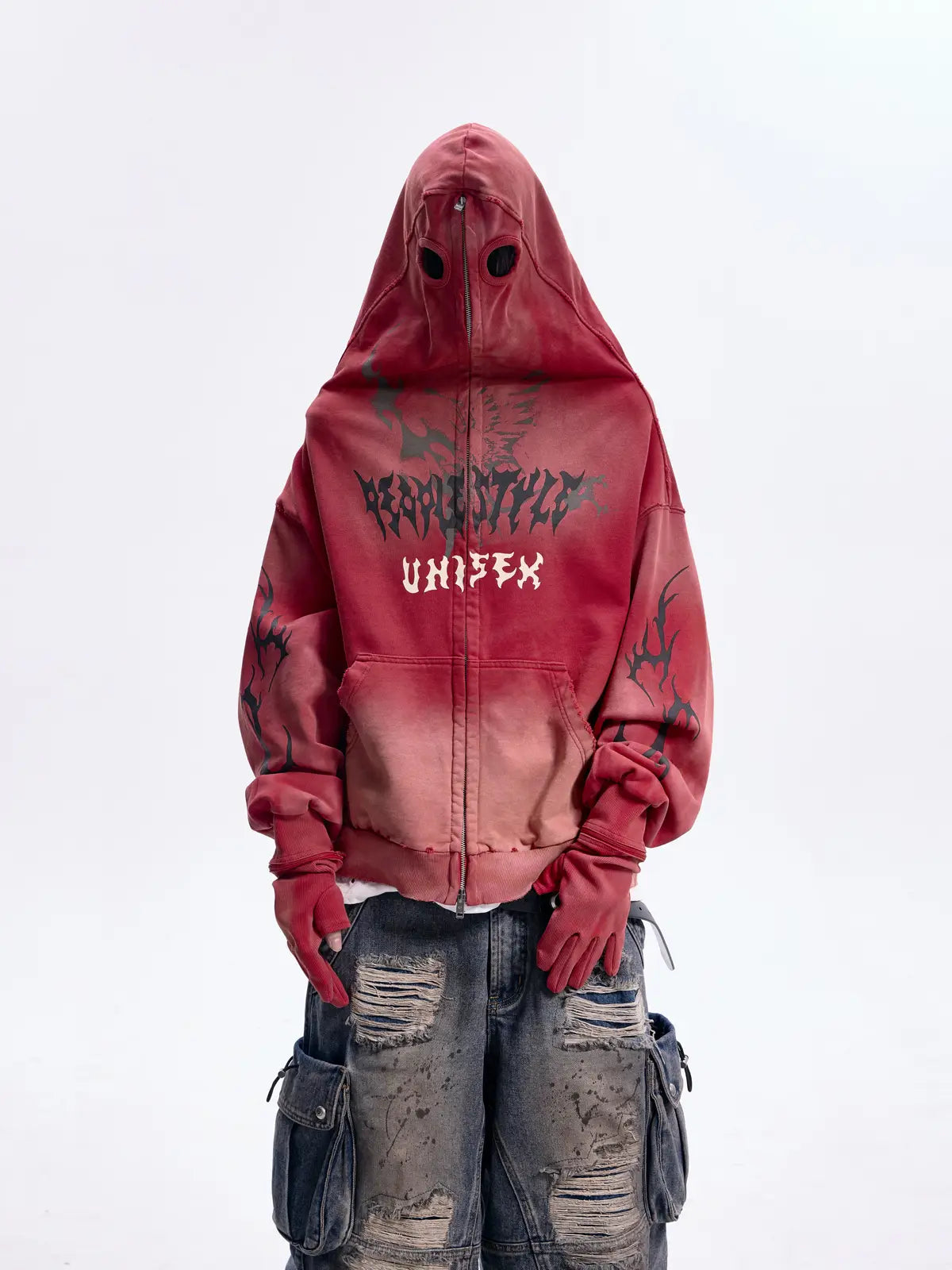 Peoplesense Ripped Full Zip Face Mask Hoodie（Black and Red）