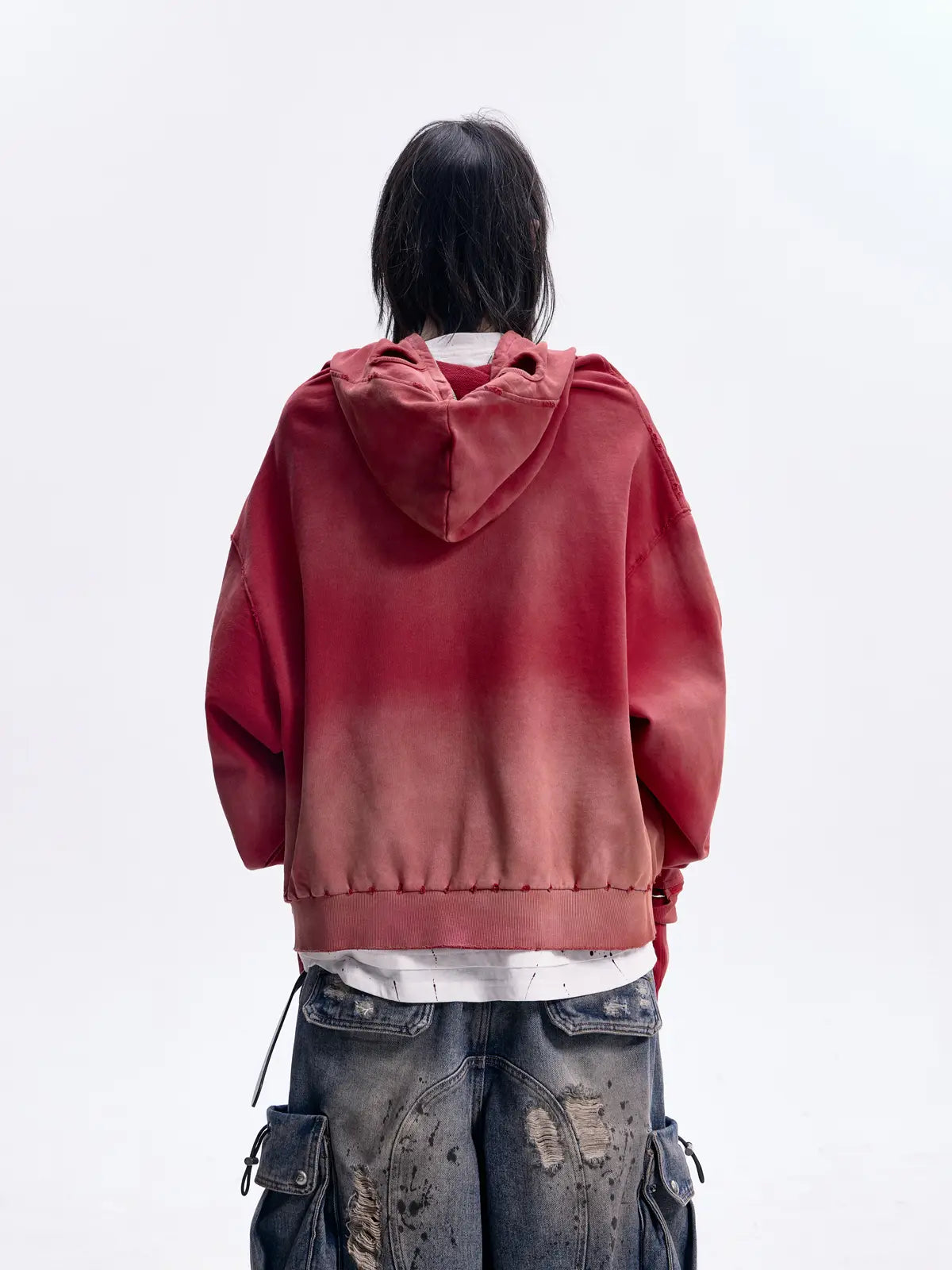 Peoplesense Ripped Full Zip Face Mask Hoodie（Black and Red）