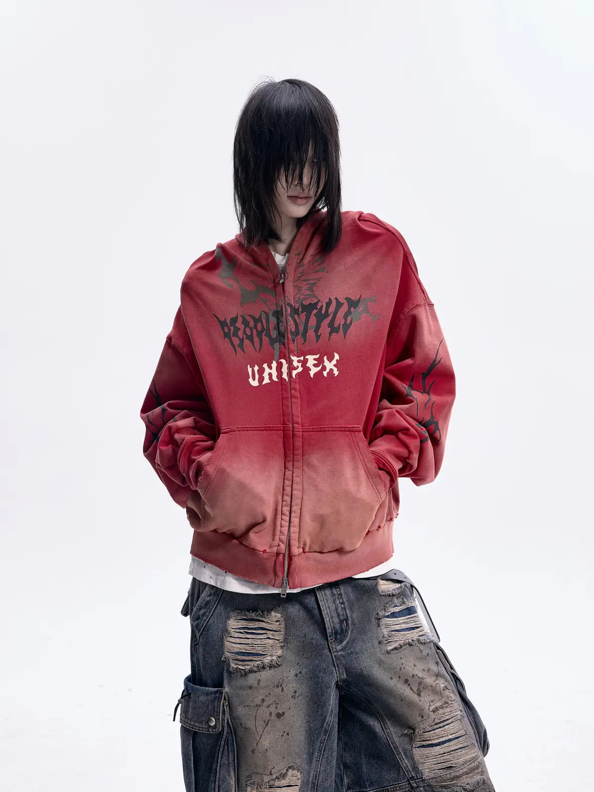 Peoplesense Ripped Full Zip Face Mask Hoodie（Black and Red）