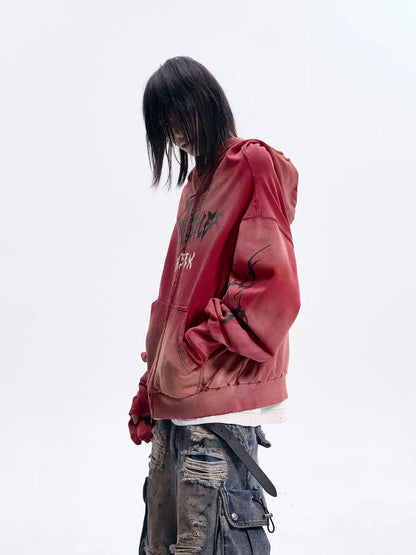 Peoplesense Ripped Full Zip Face Mask Hoodie（Black and Red）