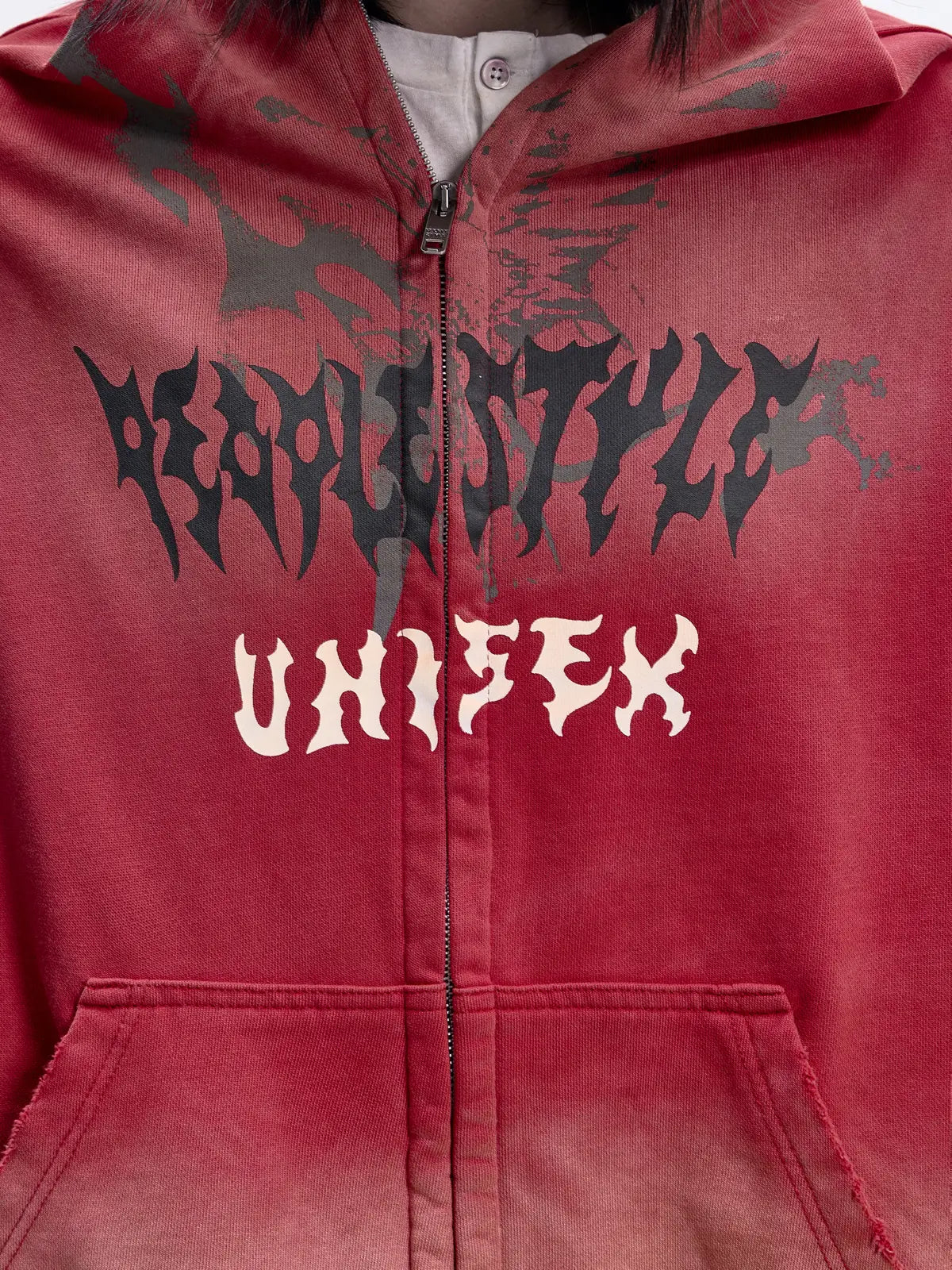 Peoplesense Ripped Full Zip Face Mask Hoodie（Black and Red）