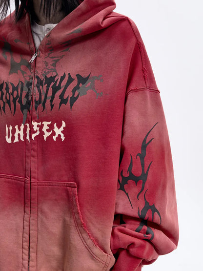 Peoplesense Ripped Full Zip Face Mask Hoodie（Black and Red）