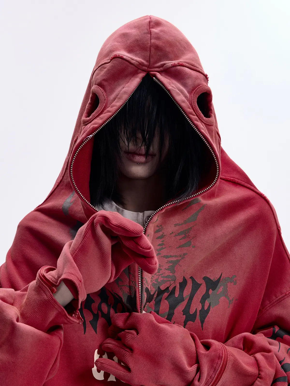 Peoplesense Ripped Full Zip Face Mask Hoodie（Black and Red）