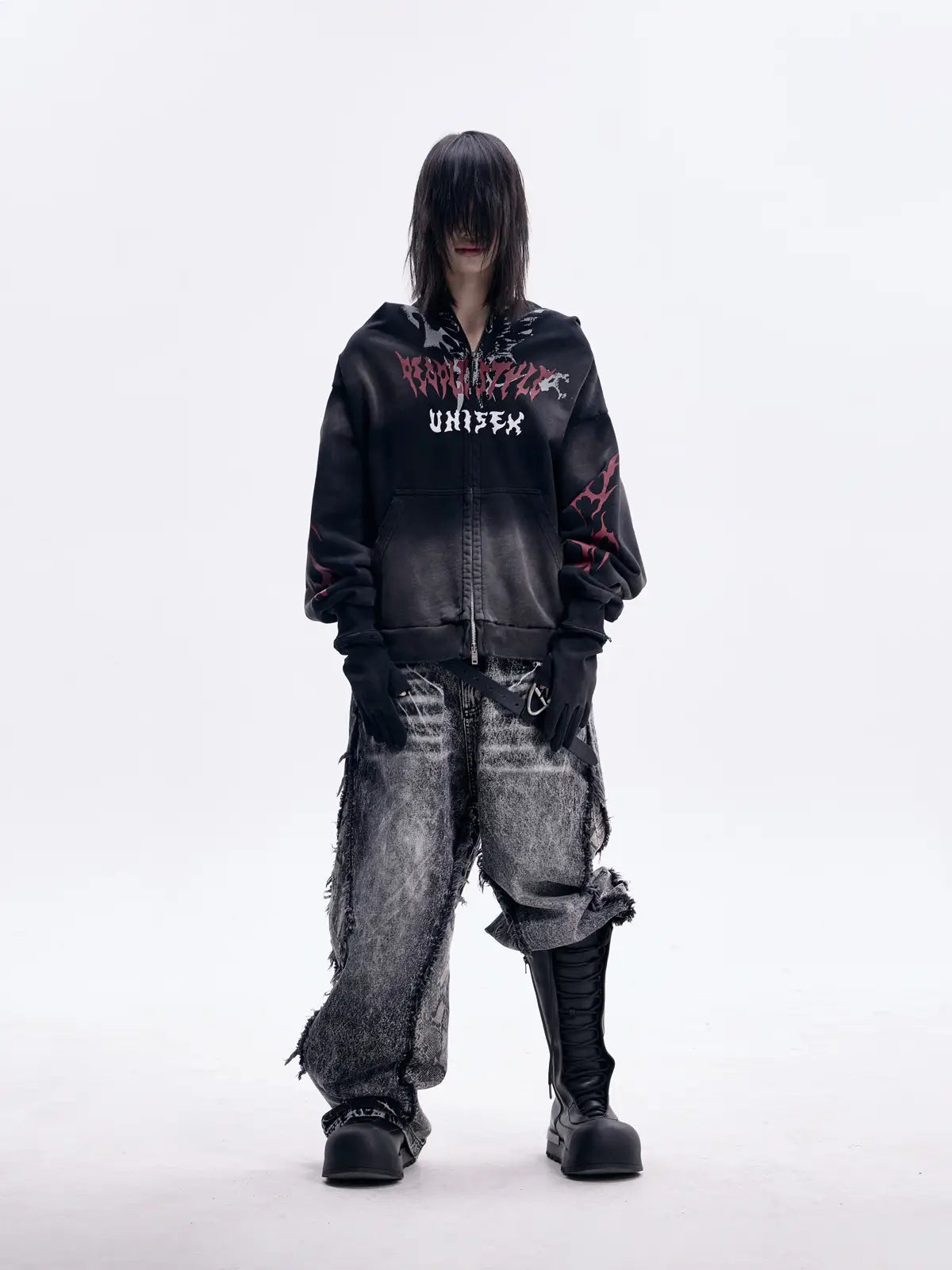 Peoplesense Ripped Full Zip Face Mask Hoodie（Black and Red）