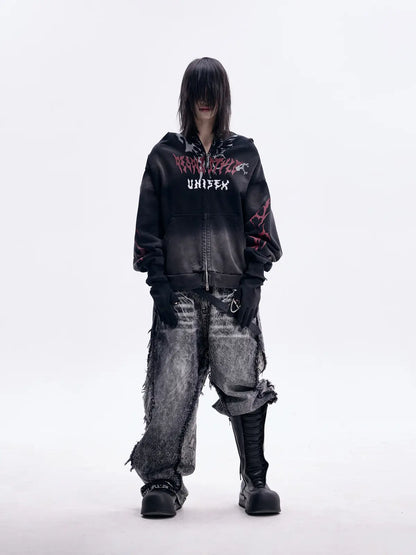 Peoplesense Ripped Full Zip Face Mask Hoodie（Black and Red）