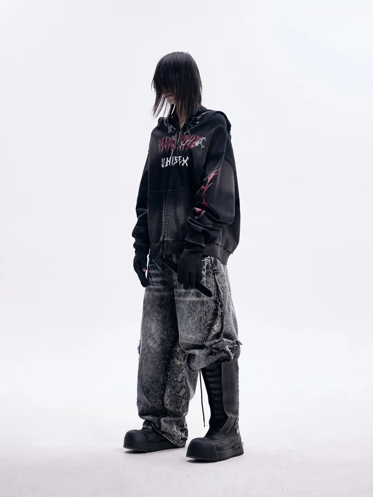 Peoplesense Ripped Full Zip Face Mask Hoodie（Black and Red）