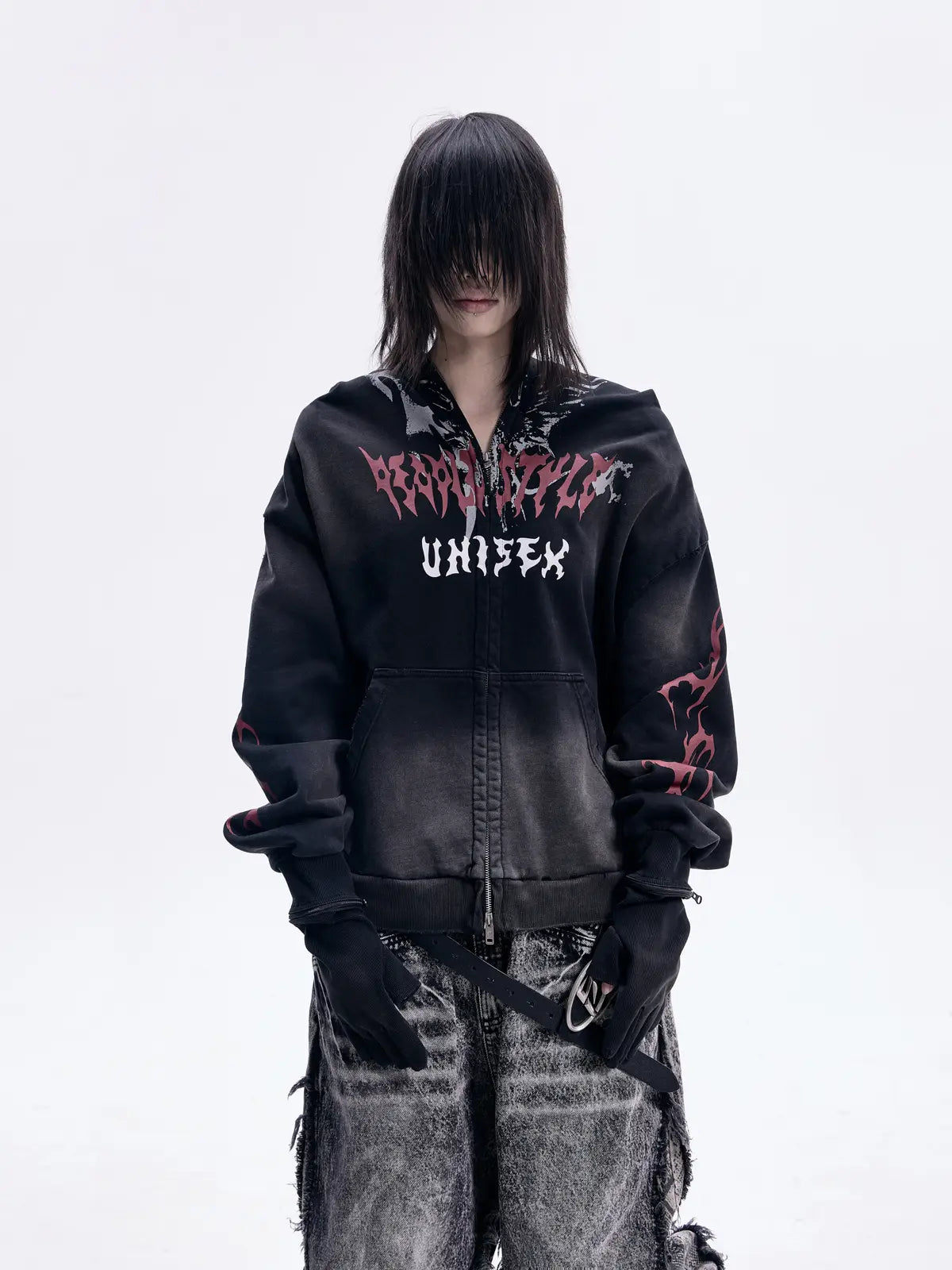 Peoplesense Ripped Full Zip Face Mask Hoodie（Black and Red）